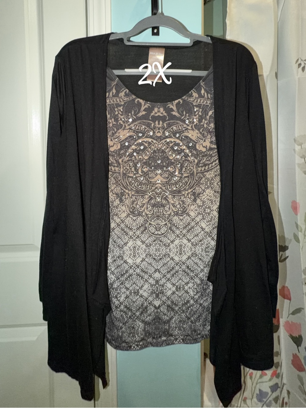 White Stag Black Open-Front Cardigan with Patterned Tank